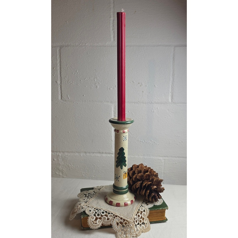 Ceramic Christmas Taper Candle Holder Hand Painted Tree Gifts Speckled Cream